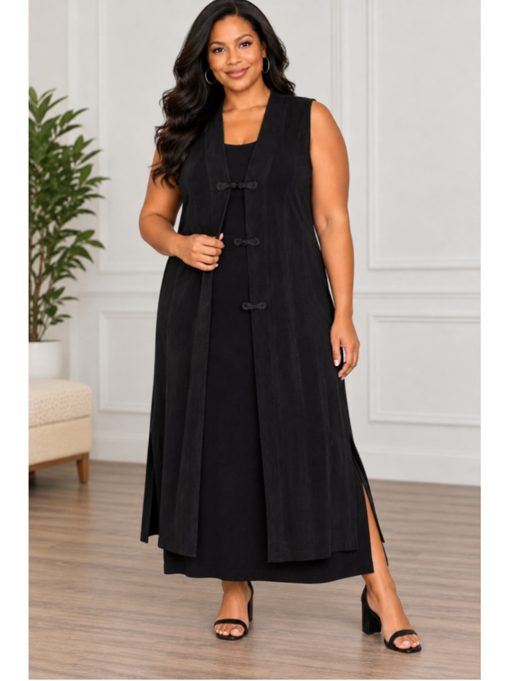 Women's Chico's Travelers Black Maxi Dress, With open Cardigan Size XL